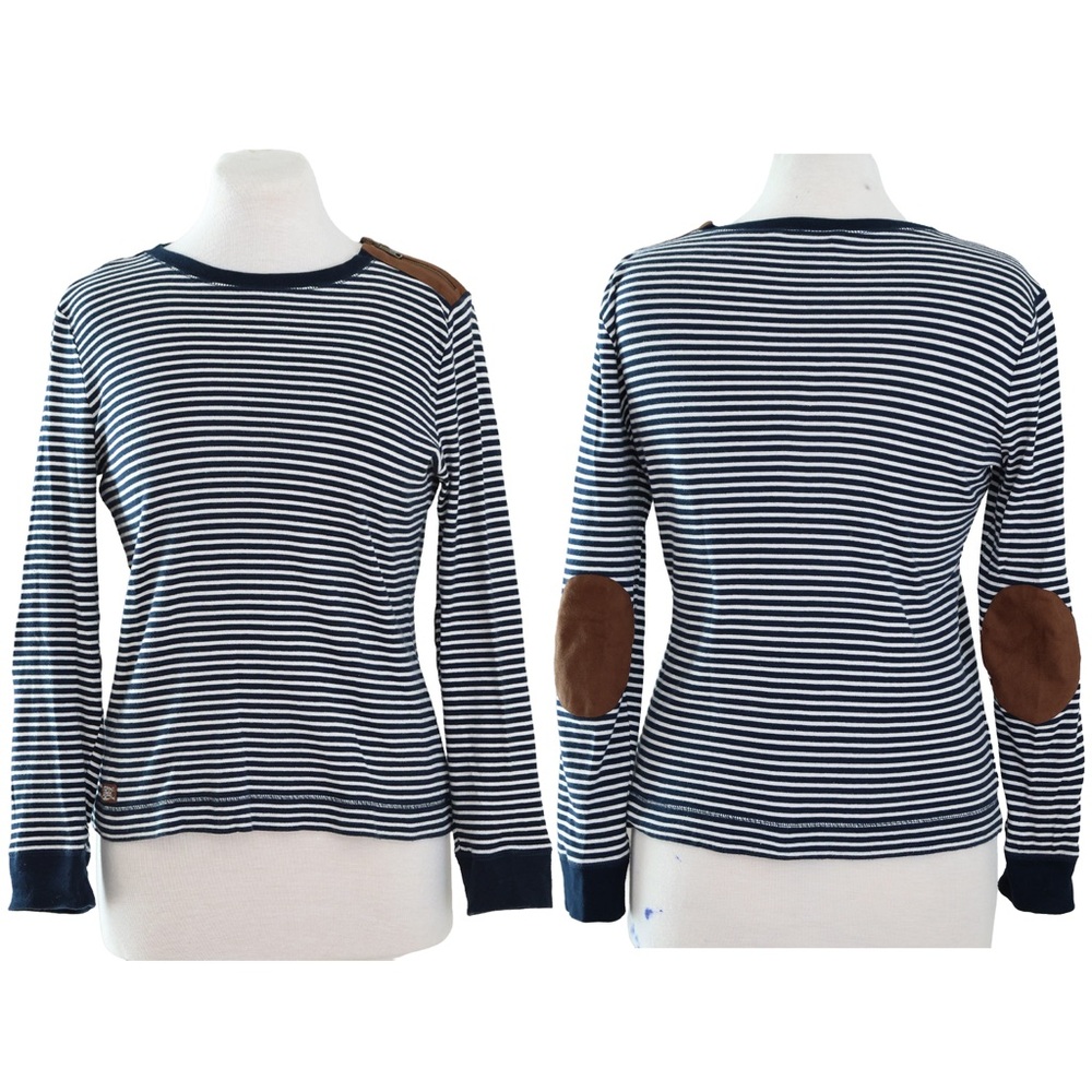 Lauren Ralph Lauren Navy White Striped Long Sleeve Suede Elbow Patches Sz Medium